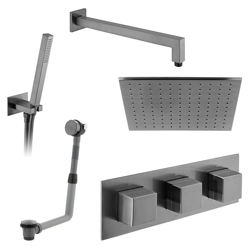 Vado Tablet termostatyczny zestaw wannowo-prysznicowy podtynkowy z deszczownicą 30x30 i napełnianiem wanny gunmetal szczotkowany IND-3WS-TAB3-BGM