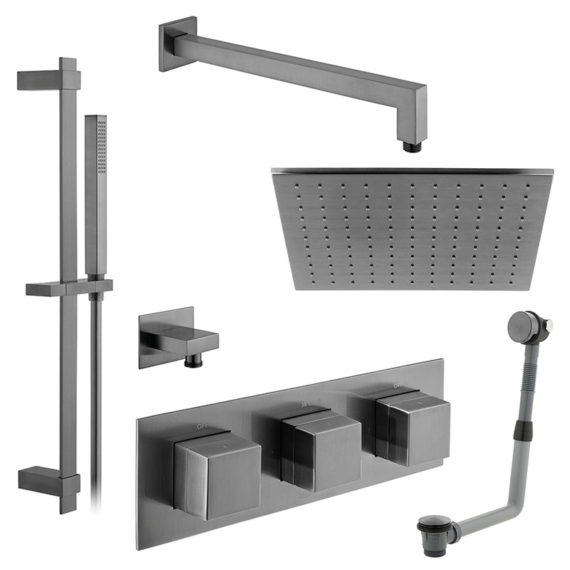 Vado Tablet termostatyczny zestaw wannowo-prysznicowy podtynkowy z deszczownicą 30x30 i napełnianiem wanny gunmetal szczotkowany IND-3WS-TAB4-BGM