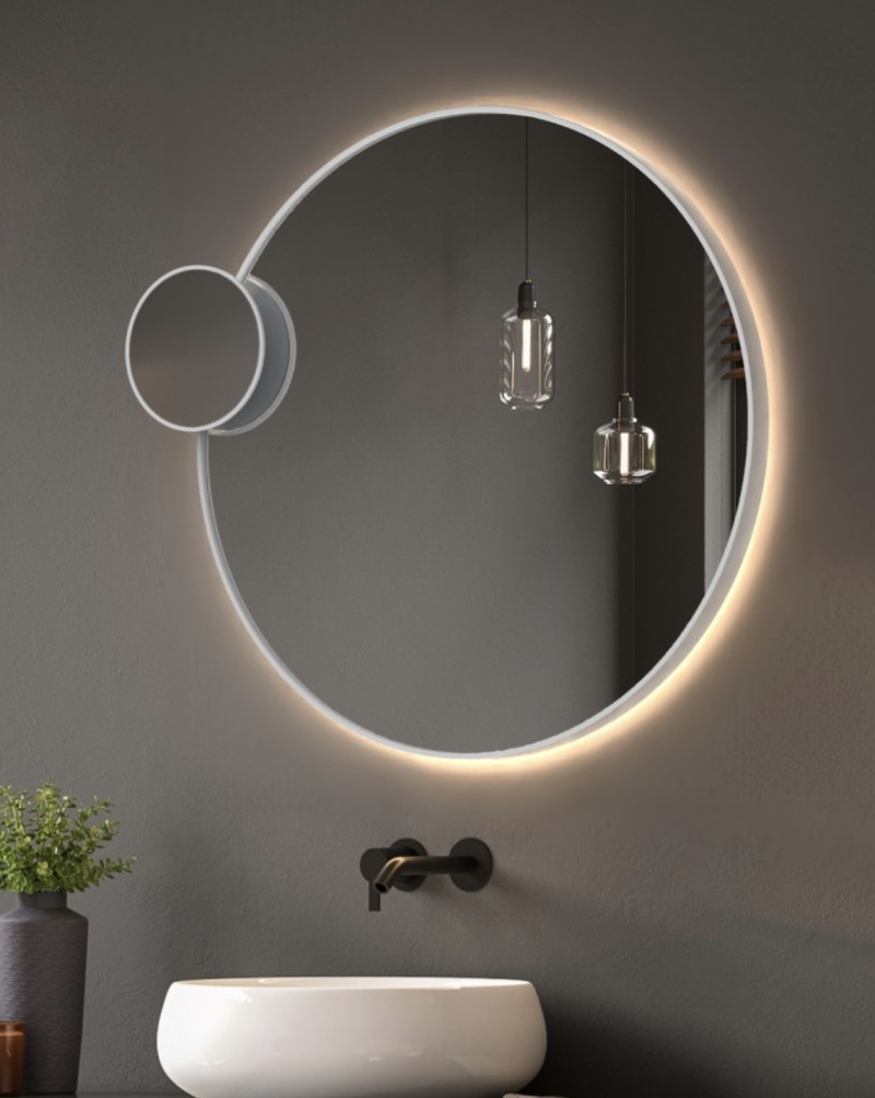 Kraft Movi AMB GOLD Lustro podświetlane ambiente okrągłe koło fi 80 cm z dodatkowym lusterkiem powiększającym X3 do makijażu LED COB barwa neutralna 4000K rama złoty mat  15.56.24Z.80