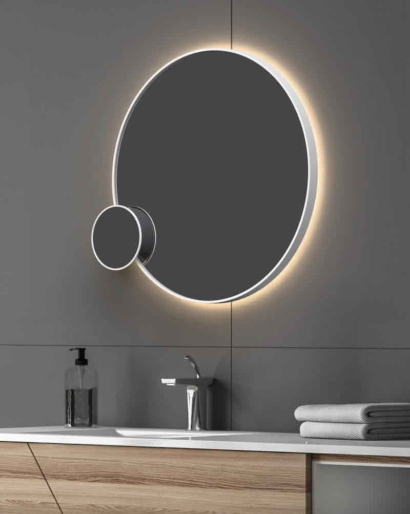 Kraft Movi AMB GUNMETAL Lustro podświetlane ambiente okrągłe koło fi 80 cm z dodatkowym lusterkiem powiększającym 3X do makijażu LED COB barwa neutralna 4000K rama grafit mat 15.56.24G.80