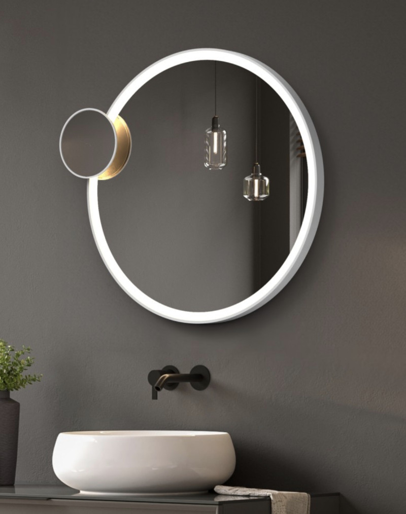 Kraft Movi LUX BLACK Lustro podświetlane okrągłe koło fi 60 cm z dodatkowym lusterkiem powiększającym 3X do makijażu, LED SMD 24 V barwa ciepła 3000K rama czarny mat 15.57.23C.60