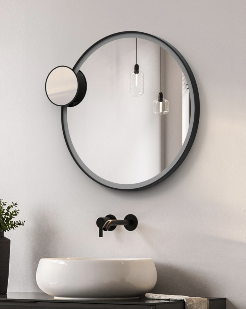 Kraft Movi LUX BLACK Lustro podświetlane okrągłe koło fi 60 cm z dodatkowym lusterkiem powiększającym 3X do makijażu, LED SMD 24 V barwa ciepła 3000K rama czarny mat 15.57.23C.60