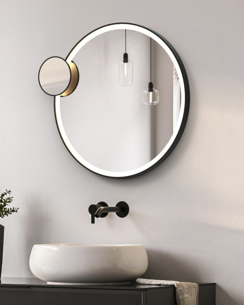 Kraft Movi LUX GOLD Lustro podświetlane okrągłe koło fi 60 cm z dodatkowym lusterkiem powiększającym 3X do makijażu, LED SMD 24 V barwa neutralna 4000K rama złoty mat 15.57.24Z.60