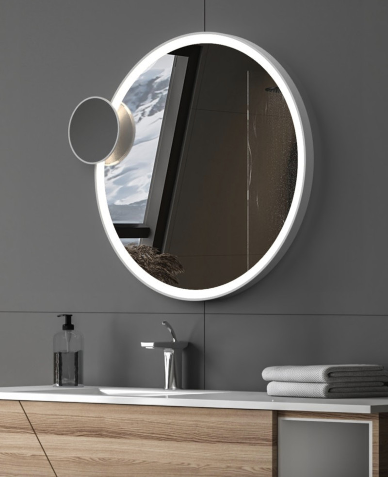 Kraft Movi LUX COOPER Lustro podświetlane okrągłe koło fi 80 cm z dodatkowym lusterkiem powiększającym 3X do makijażu, LED SMD 24 V barwa ciepła 3000K rama miedziany mat 15.57.23M.80