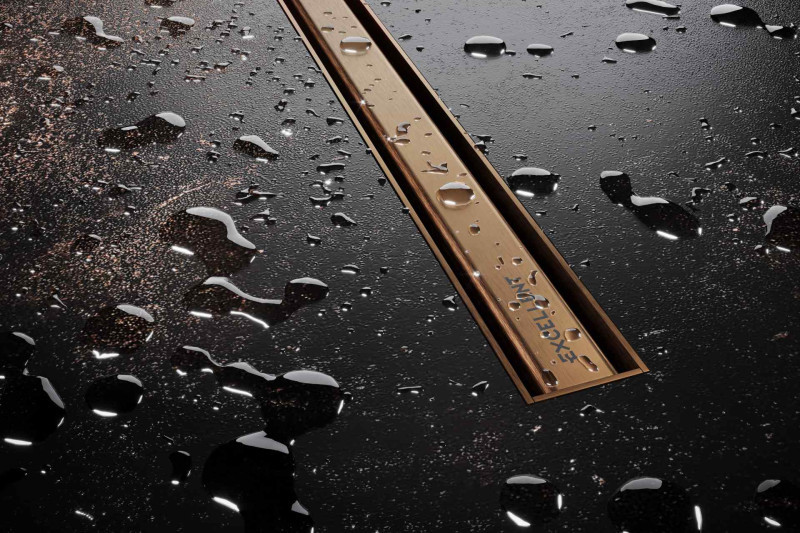 Excellent Stilio Slim odpływ liniowy z rusztem 80 cm niski miedź szczotkowana INEX.1525.K.B01.800.R.CB