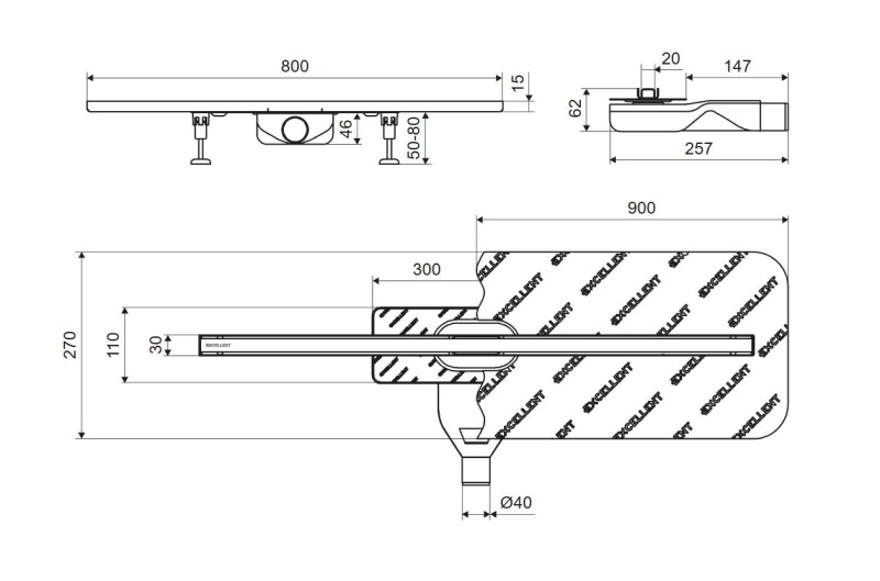 Excellent Stilio Slim odpływ liniowy z rusztem 80 cm niski złoty połysk INEX.1525.K.B01.800.R.GL