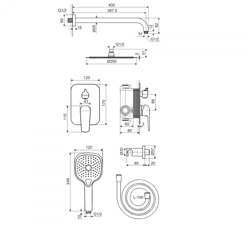 Actima Clever 2.0 zestaw prysznicowy podtynkowy z deszczownicą 25x25 grafit szczotkowany AREX.SET.4145AB