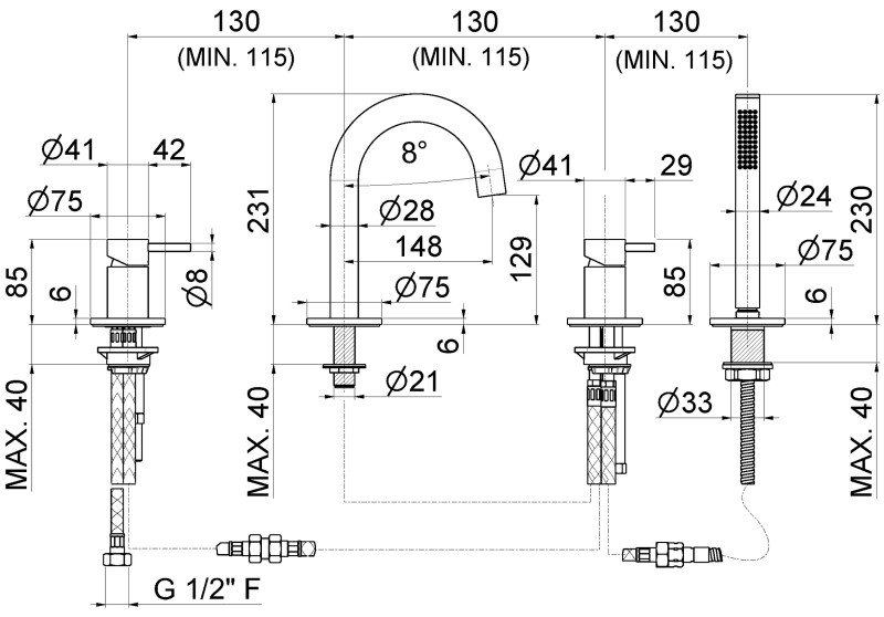 Vema Tiber Steel bateria wannowa 4-otworowa kompletna stal nierdzewna inox V17150