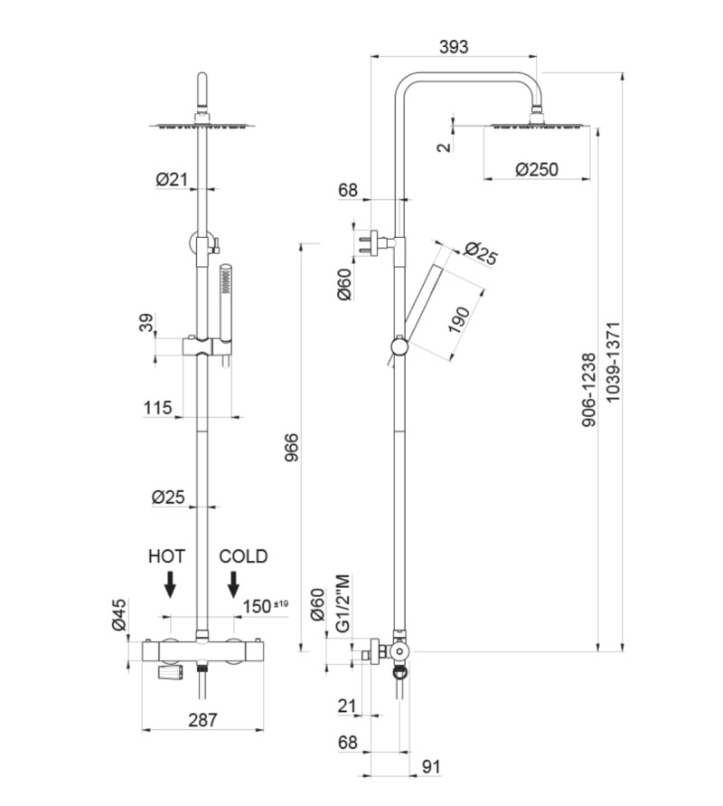 Vema Tiber Steel kolumna prysznicowa termostatyczna z deszczownicą 25 cm i słuchawką stal nierdzewna inox V08233