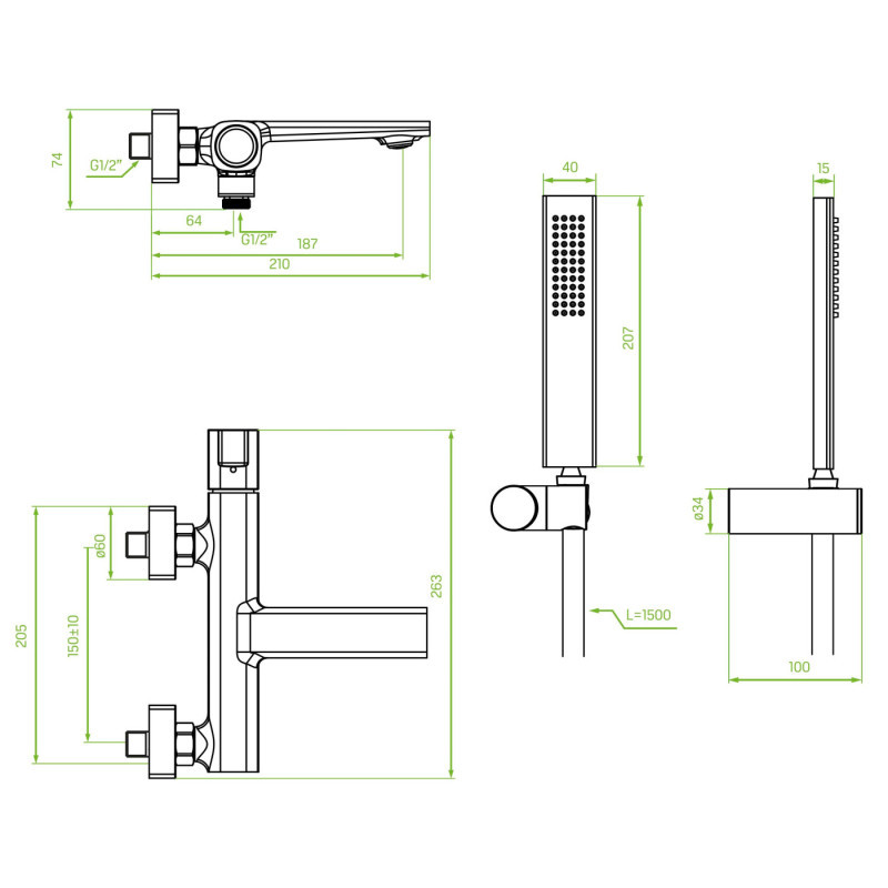 Laveo Tores bateria wannowa z zestawem natryskowym, czarny mat BVT_711D