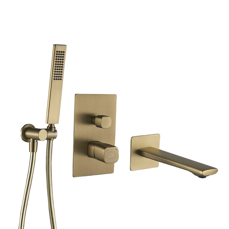 Laveo Tores komplet bateria wannowa podtynkowa z zestawem natryskowym i wylewką wannową , powłoka PVD złoty szczotkowany BVT_G11P