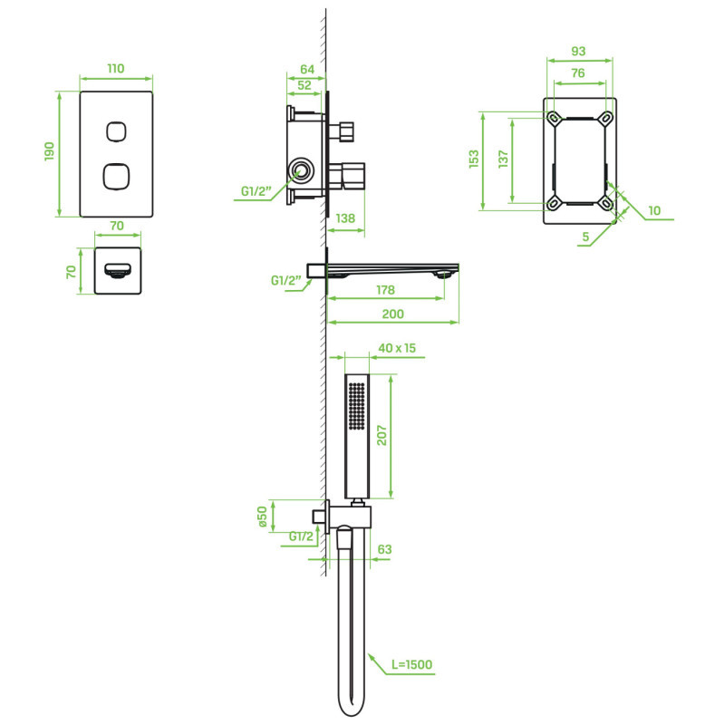 Laveo Tores komplet bateria wannowa podtynkowa z zestawem natryskowym i wylewką wannową , czarny mat BVT_711P