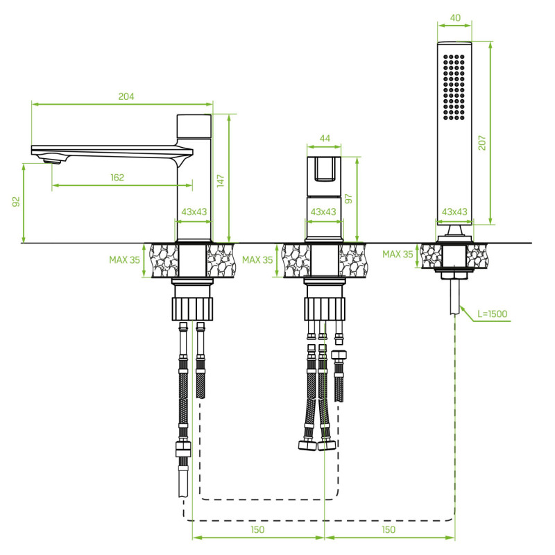 Laveo Tores bateria wannowa 3-otworowa, grafit BVT_913D