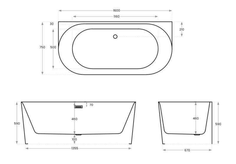 Corsan Mono E029 Slim wanna wolnostojąca przyścienna 160x75 biała + syfon miedź E029LSRG