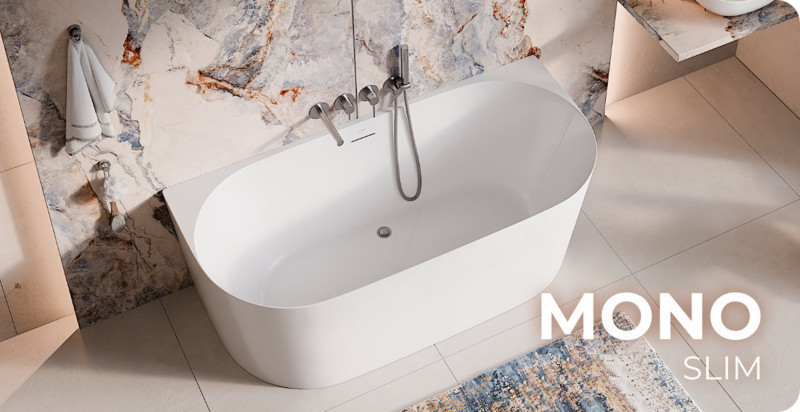 Corsan Mono V029 Slim wanna wolnostojąca przyścienna 170x75 biała + syfon czarny V029XLSBL