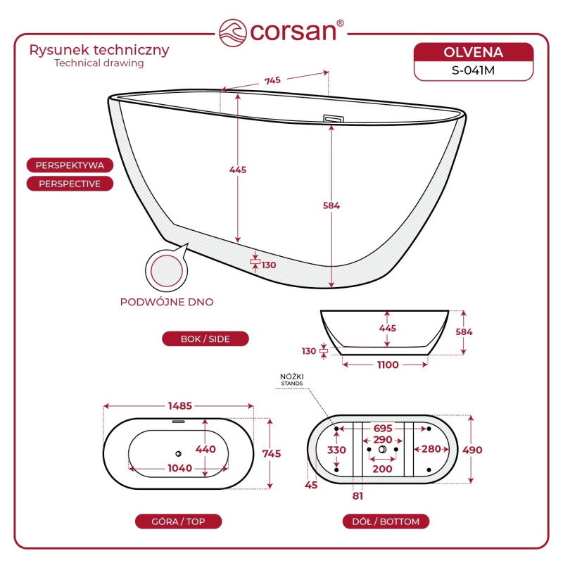 Corsan Olvena wanna wolnostojąca akrylowa 150x75 biała E041MCH
