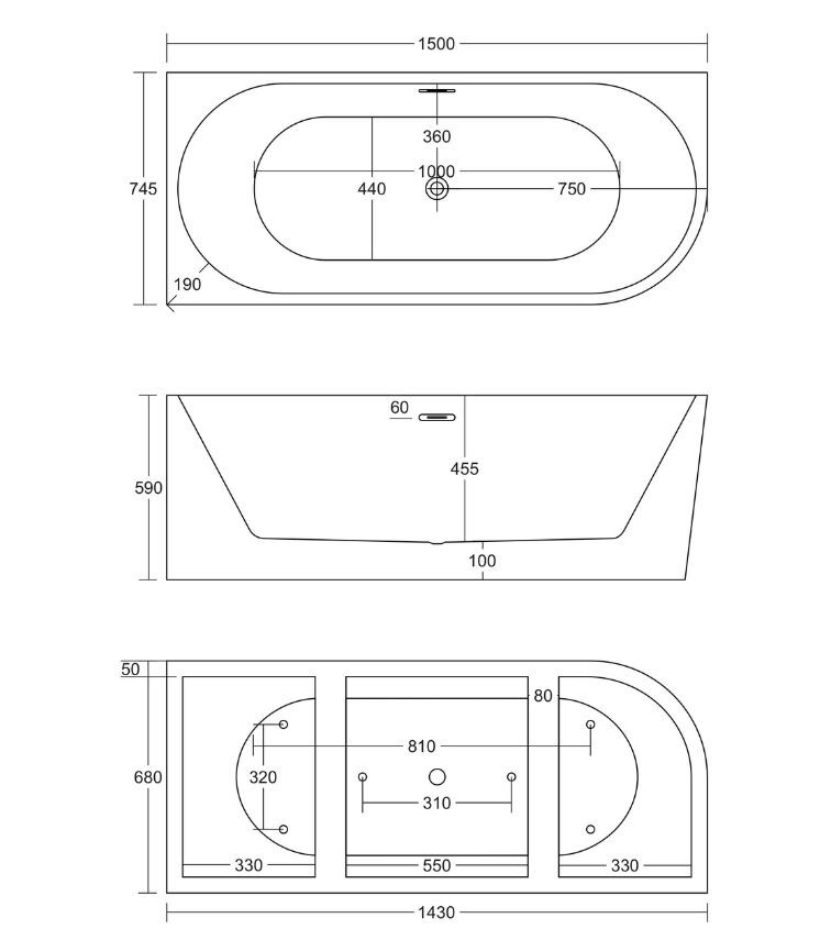 Corsan Intero E-240M wanna wolnostojąca przyścienna lewa 150x74 biała + syfon chrom E240MLCH