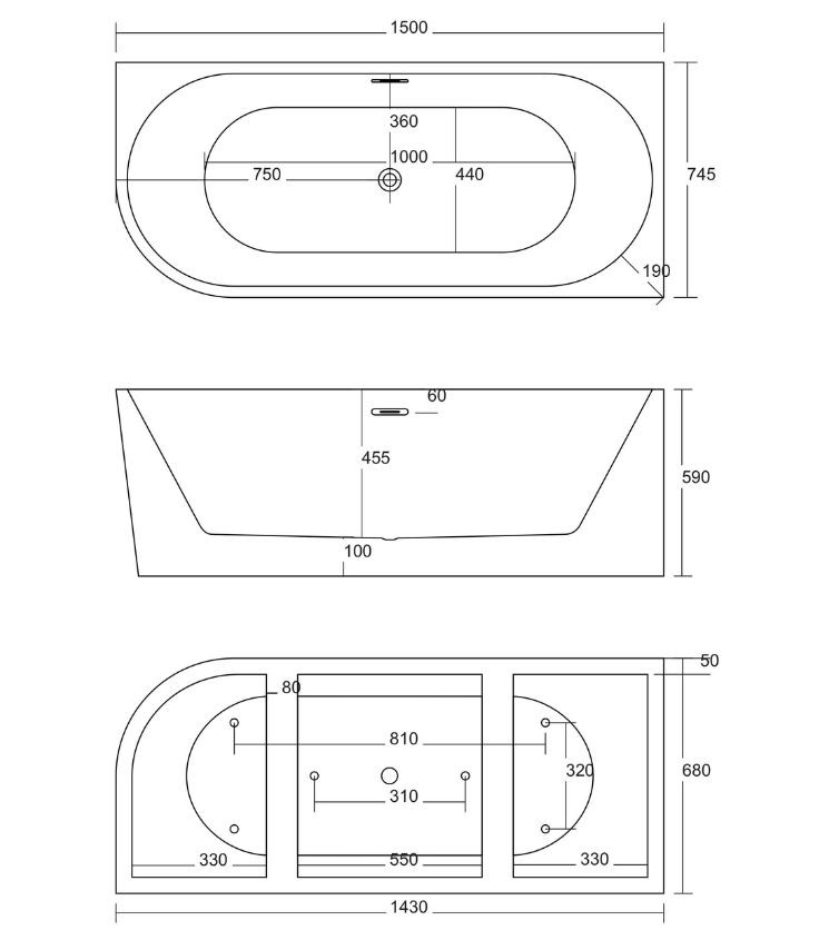 Corsan Intero E-240M wanna wolnostojąca przyścienna prawa 150x74 biała + syfon chrom E240MPCH