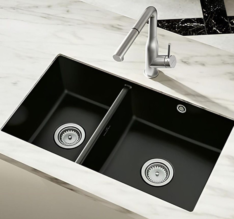 Villeroy&Boch Subway 80U zlewozmywak ceramiczny 2 komory podwieszane Pure Black 338801R7