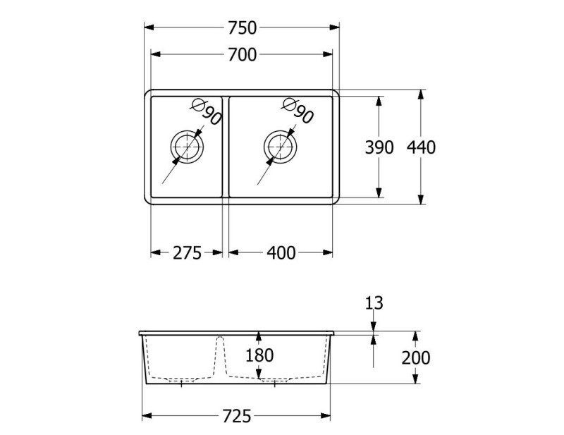 Villeroy&Boch Subway 80U zlewozmywak ceramiczny 2 komory podwieszane Pure Black 338801R7