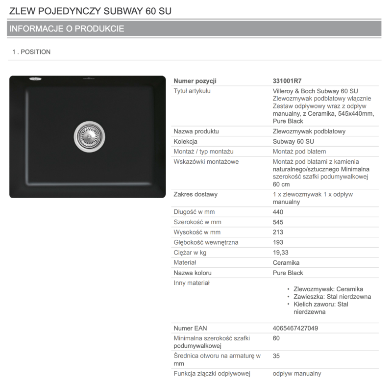 Villeroy&Boch Subway 60SU zlewozmywak ceramiczny 1 komora podwieszana Pure Black CeramicPlus 331001R7