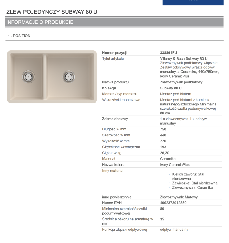Villeroy&Boch Subway 80U zlewozmywak ceramiczny 2 komory podwieszane Ivory 338801FU