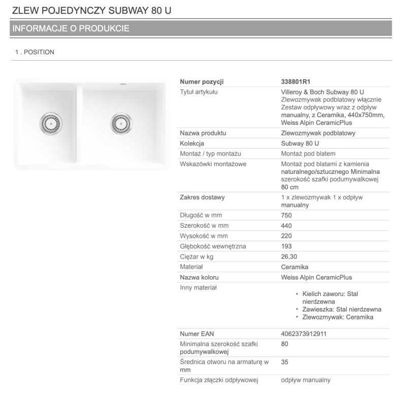 Villeroy&Boch Subway 80U zlewozmywak ceramiczny 2 komory podwieszane Weiss Alpin Ceramicplus 338801R1