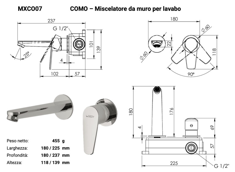 Gedy Como bateria umywalkowa podtynkowa + box montażowy gun metal PVD grafit szczotkowany MXCO07-81