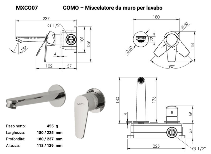Gedy Como bateria umywalkowa podtynkowa + box montażowy light gold PVD jasne złoto szczotkowane MXCO07-88