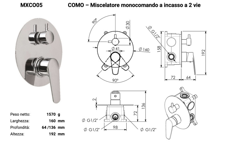 Gedy Como bateria podtynkowa wannowo-prysznicowa 2-drożna + box montażowy rose gold PVD miedź szczotkowana MXCO05-82
