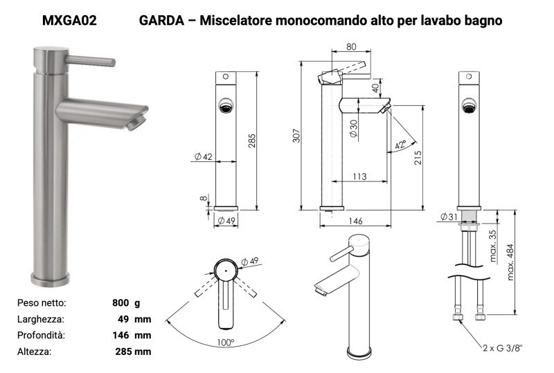 Gedy Garda bateria umywalkowa wysoka light gold PVD złoty szczotkowany PVD MXGA02-88