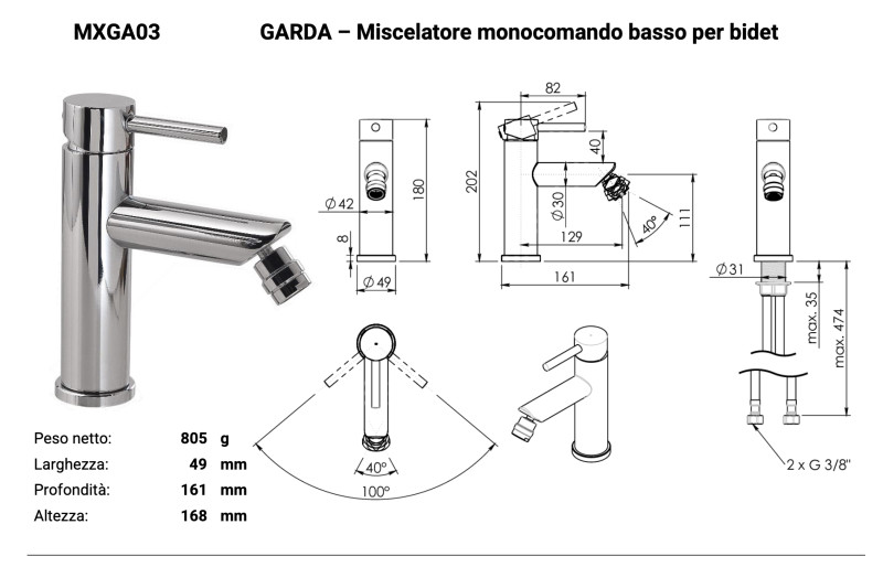 Gedy Garda bateria bidetowa stal nierdzewna 304 nikiel szczotkowany PVD MXGA03-38
