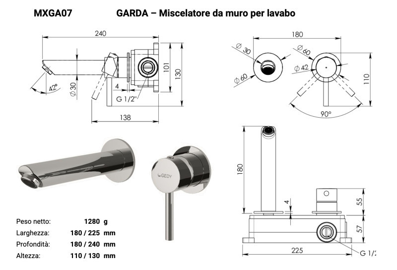Gedy Garda bateria umywalkowa podtynkowa + box montażowy stal nierdzewna 304 nikiel szczotkowany PVD MXGA07-38