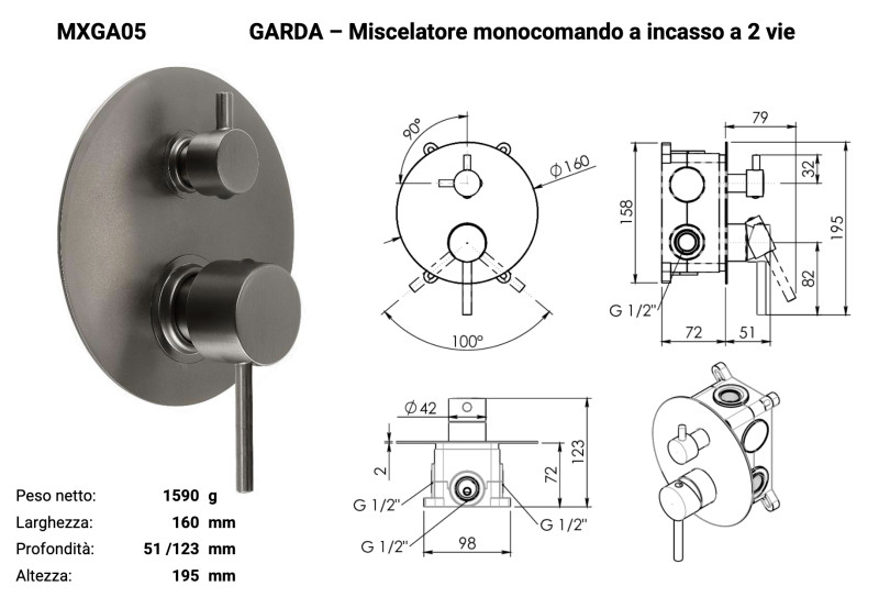 Gedy Garda komplet podtynkowy zestaw z deszczownicą 25 cm i słuchawką gun metal PVD grafit szczotkowany MXGAZES25-81