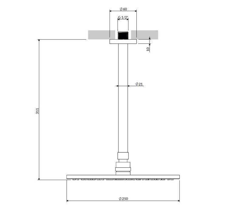 Omnires SlimLine deszczownica 25x25 z ramieniem sufitowym mosiądz szczotkowany WSSET1BSB